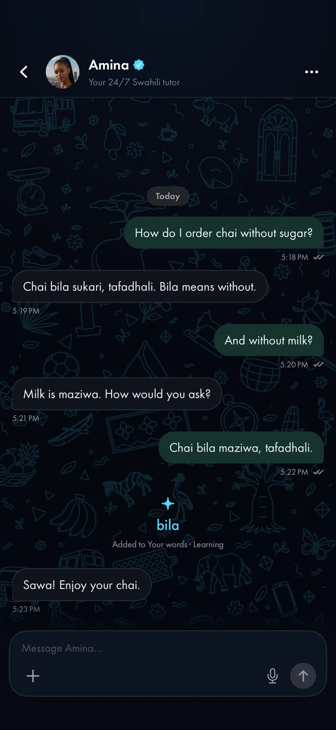 Amina chat with a word added to Your words